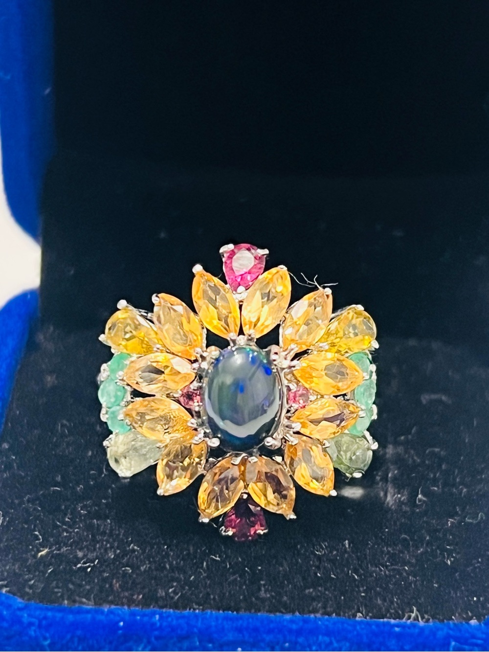 Genuine Citrine, Black Opal and Emerald Ring